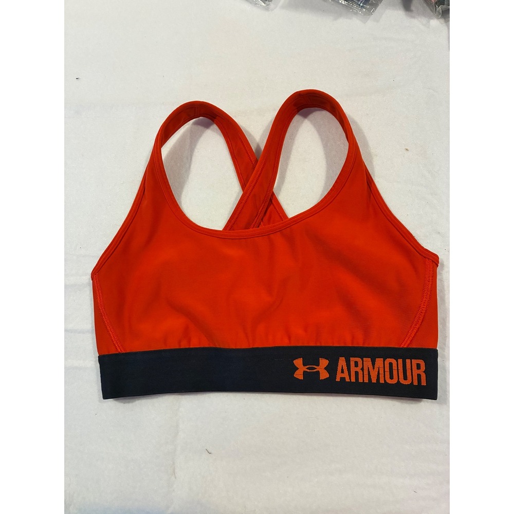 Under Armour Mid Keyhole Sports Bra Orange Red HeatGear 1276503 Womens Small